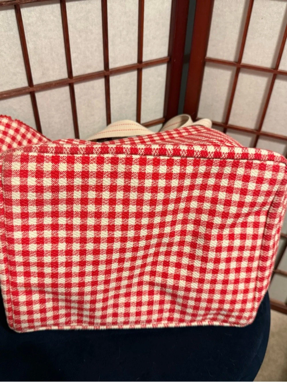 Spacious Reversible Canvas Tote Handbag -  Red & Navy Gingham - Picture 6 of 14